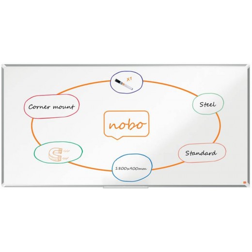Nobo Premium Plus Pizarra Magnetica de Acero Lacado 1800x900mm - Montaje en Esquinas - Superficie de Borrado Facil - Color Blan