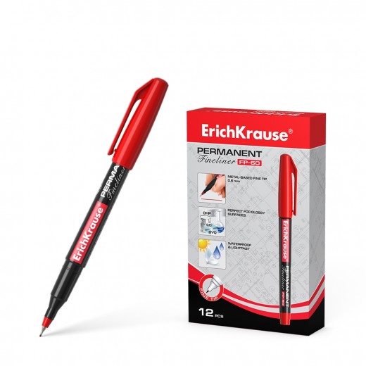 Erichkrause Marcador Permanente Fp-50 - Punta Fina de 0.6mm - Resistente a La Luz y El Agua - Color Rojo