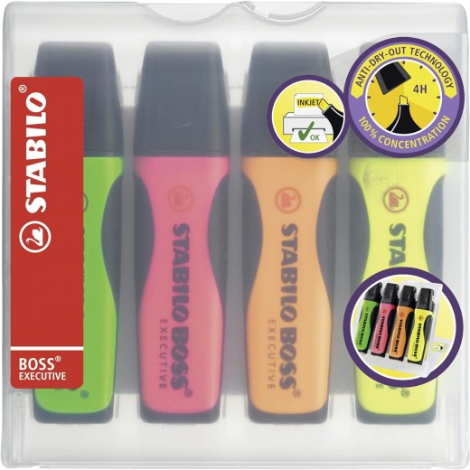 Stabilo Boss Executive Pack de 4 Marcadores Fluorescentes - Zona de Agarre - Trazo entre 2 y 5mm - Recargable - Tinta con Base