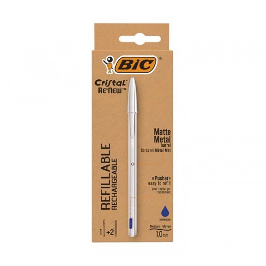 Bic Cristal Re´new Pack de Boligrafo Recargable de Bola + 2 Recambios - Punta Redonda de 1.0mm - Trazo 0.32mm - Tinta con Base