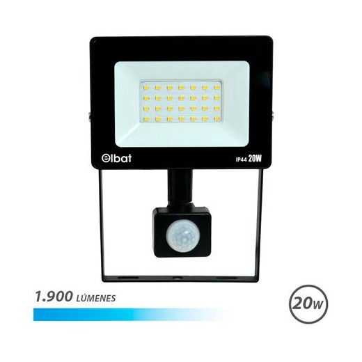 Elbat Foco LED con Sensor de Movimiento - Potencia: 20W - Lumenes: 1900 - Luz Fria 6.500K - Vida Util: 30.000 - 50.000 Horas -