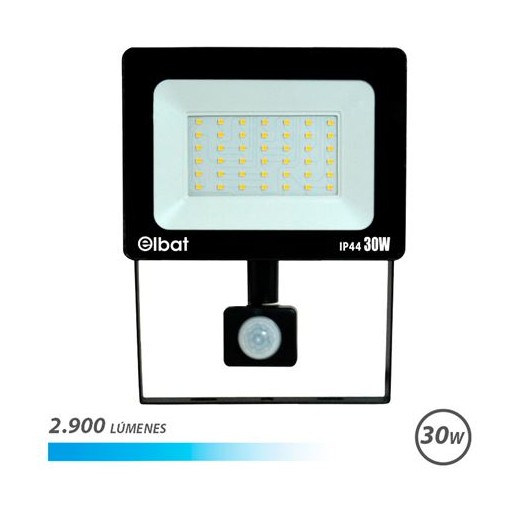 Elbat Foco LED con Sensor de Movimiento - Potencia: 30W - Lumenes: 2900 - Luz Fria 6.500K - Vida Util: 30.000 - 50.000 Horas -