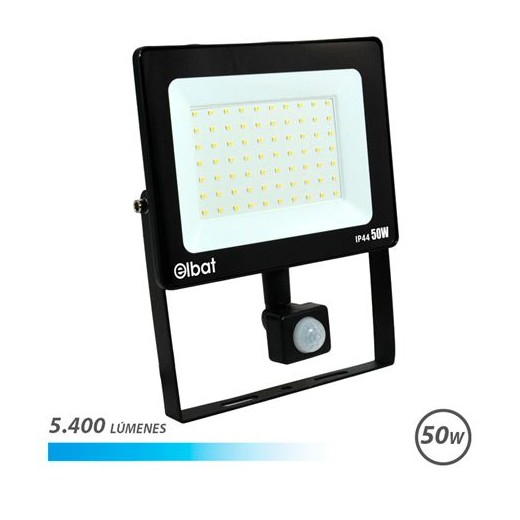 Elbat Foco LED de 50W - Potencia: 50W - Lumenes: 5400 - Sensor de Movimiento - 6.500K Luz Fria - 30.000 - 50.000 Horas de Vida