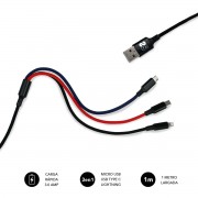 Subblim Cable de Carga 3 en 1 - Alta Velocidad de Carga - Compatible con Android/Ios - Carga Simultanea - Fibra de Nailon Resis