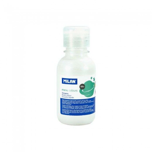 Milan Botella de Tempera 125ml - Tapon Dosificador - Secado Rapido - Mezclable - Color Blanco Metalizado