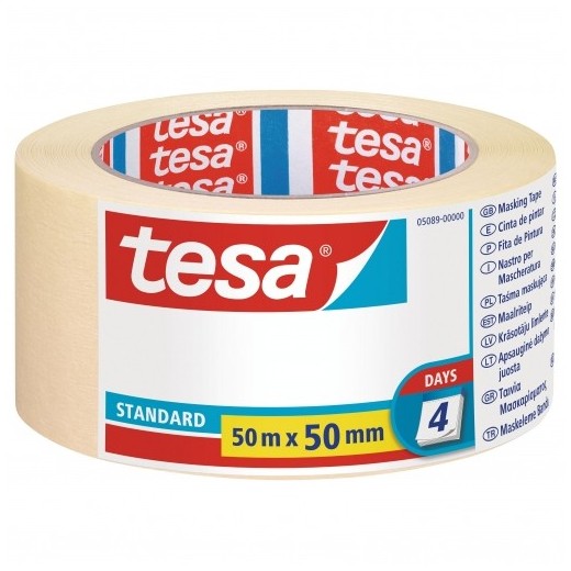 Tesa Standard Cinta de Pintor 50mm x 50m - Fabricada en Papel - Libre de Disolventes - No deja Residuos