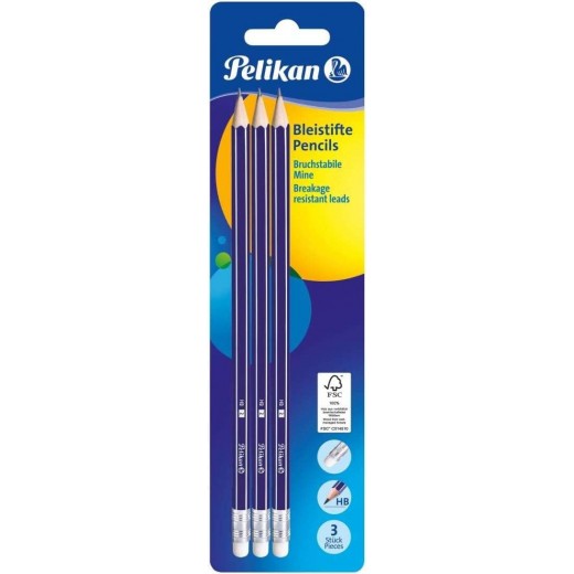 Pelikan Blister de 3 Lapices de Madera HB - Punta de Grafito HB - Cuerpo Barnizado - Mina Resistente