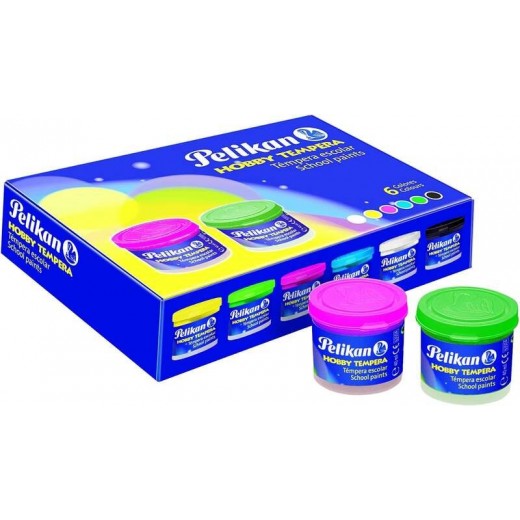 Pelikan Pack de 6 Botes de Tempera 40ml + Pincel - Consistencia Pastosa - Resistente a la Luz - Colores Surtidos