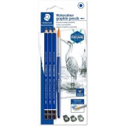 Staedtler Mars Lumograph Aquarell 100A Pack de 3 Lapices de Grafito + Pincel - Resistencia a la Rotura - Graduaciones Surtidas