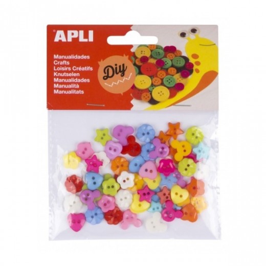 Apli Pack de 60 Botones de Plastico Surtidos - Formas Diversas - Ideales para Costura y Manualidades - Colores Surtidos