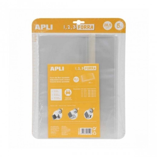 Apli Pack de 5 Fundas Transparentes de Polipropileno - Solapa Autoajustable - Facil Forrado en 3 Pasos