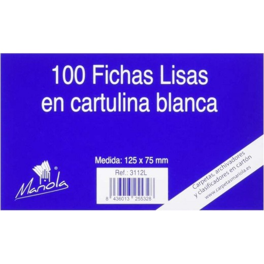 Mariola Pack de 100 Fichas Lisas Nº2 para Fichero - Medidas 125x75mm - Color Blanco