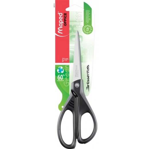 Maped Essentials Tijeras de Acero Inoxidable 21cm Asimetricas - Hojas Afiladas - Mangos 60% de Plastico Recicldo - Color Negro