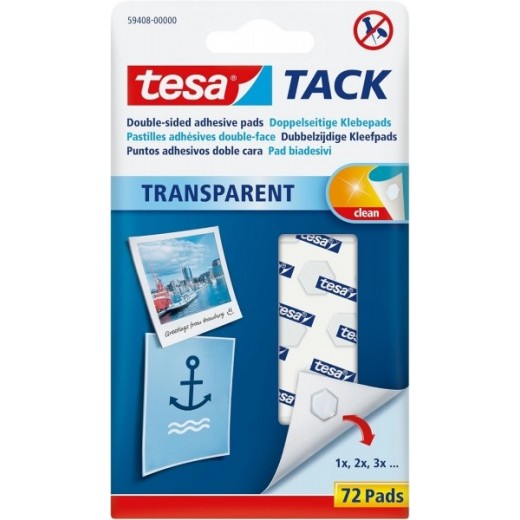 Tesa Tesatack Pack de 72 Puntos Adhesivos de Doble Cara - Fuertes y Limpias - Transparentes