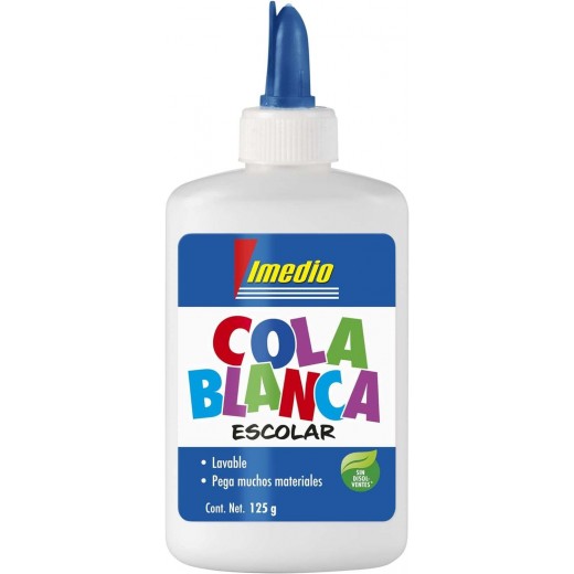 Imedio Cola Blanca Escolar 125gr - Sin Disolventes - Bote Blando Ideal para Niños - Con Espatula Incorporada