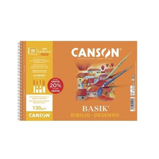 Canson Basik Bloc de Dibujo Espiral 20 Hojas A4+ 130g - Con Recuadro - Medidas 23x32.5cm - Color Blanco