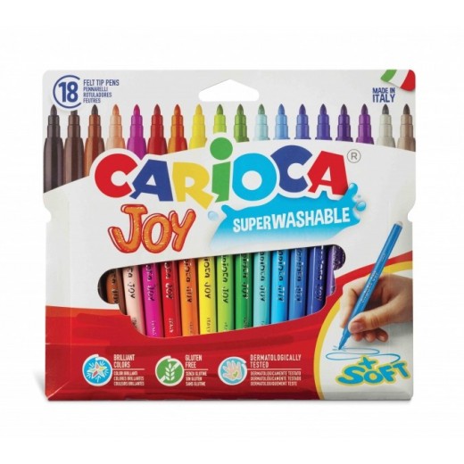 Carioca Joy Pack de 18 Rotuladores - Tinta Superlavable - Punta Fina 2.8mm - Bloqueada - Tapa Ventilada - Color Varios