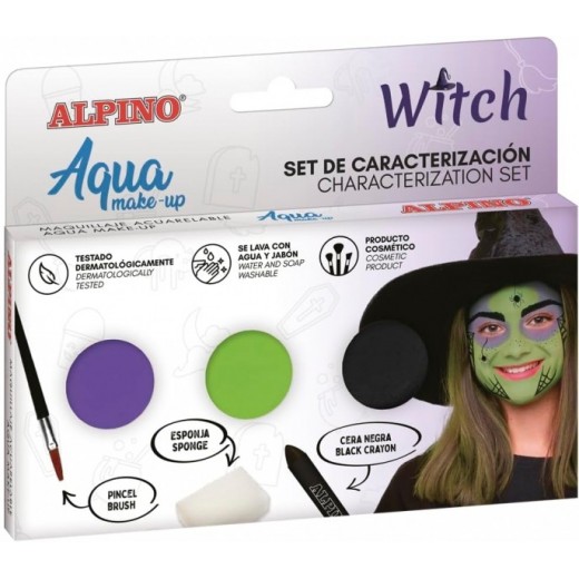 Alpino Aqua Make Up Set de Caracterizacion de Bruja - 3 Polveras + Cera Negra + Pincel + Esponja