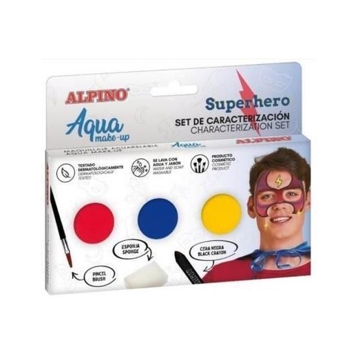 Alpino Aqua Make Up Set de Caracterizacion de Superheroes - 3 Polveras + Cera Negra + Pincel + Esponja