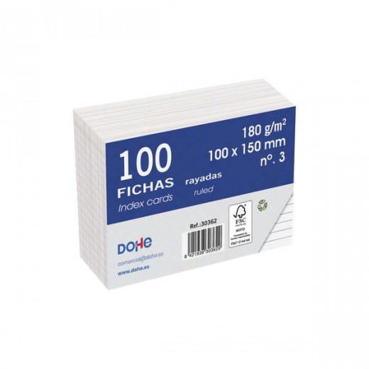 Dohe Fichas de Cartulina Offset Blanca - 180g - Rayadas - Paquete de 100 Unidades