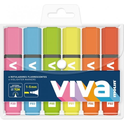 Molin Viva Pack de 6 Marcadores Fluorescentes - Trazo entre 1 y 5mm - Tinta con Base de Agua - Colores Surtidos