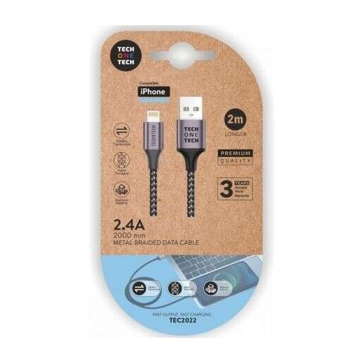 TechOneTech Cable USB-A Macho a Lightning Macho 2m - Recubierto de Nylon Trenzado