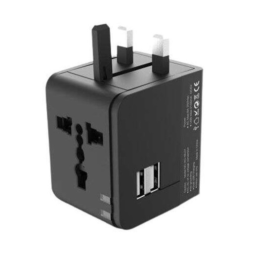 XO Adaptador de Viaje Universal - Voltaje 110V-240V - 2 Puertos USB 2.1Amp - Conexiones para UK