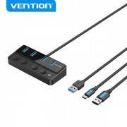 Vention HUB 4 en 1 USB 3.0 a 4xUSB/USB-C PD Incluye Cable Carga USB Macho - USB-C - Color Negro