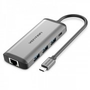 Vention Docking Station 7 en 1 USB-C a HDMI 4K/3xUSB3.0/RJ45/Lector SD/TF/PD87W - 0.15m - Color Gris