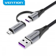 Vention Cable USB-A 2.0 a 2-en-1 USB-C&Micro-B Algodon Trenzado - 5A - Apantallado - 0.48Gbps - Color Gris